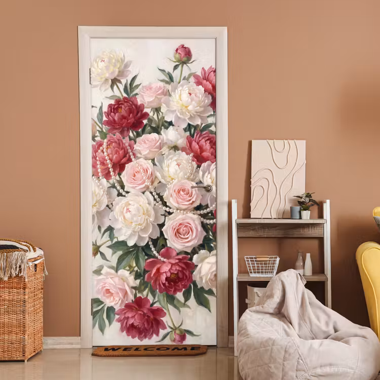 Bloemen - Parels - Romantiek - Klassiek - Roze deurposter klein -sfeer1