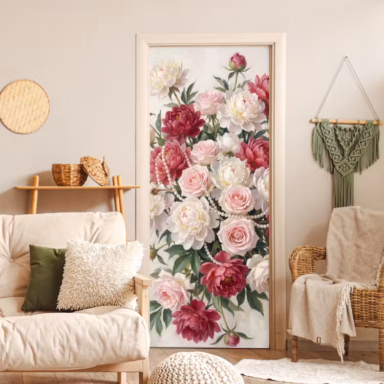 Bloemen - Parels - Romantiek - Klassiek - Roze deurposter klein -sfeer2