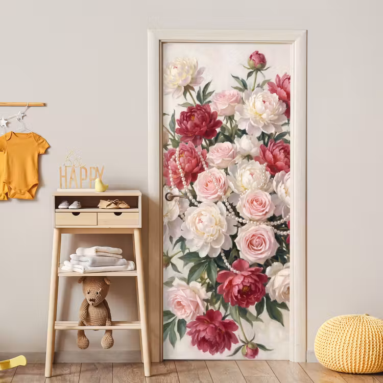 Bloemen - Parels - Romantiek - Klassiek - Roze deurposter klein -sfeer4