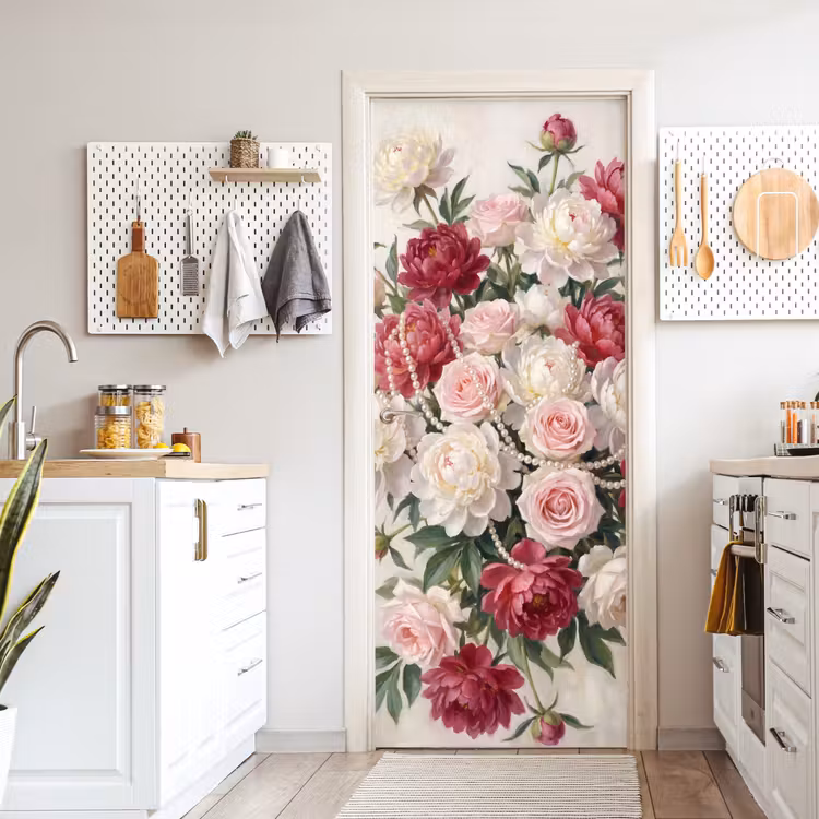 Bloemen - Parels - Romantiek - Klassiek - Roze deurposter klein -sfeer5