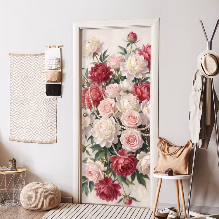 Bloemen - Parels - Romantiek - Klassiek - Roze deurposter klein -sfeer6