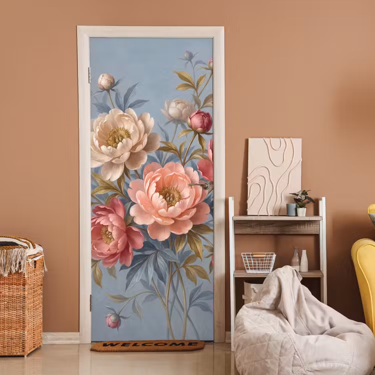 Bloemen - Roze - Beige - Modern - Natuur deurposter klein -sfeer1