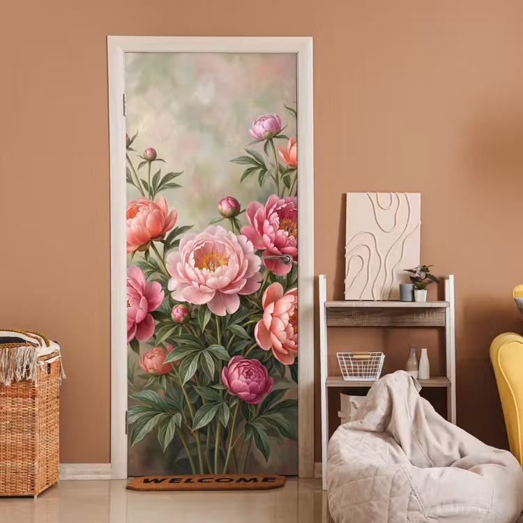 Bloemen - Roze - Klassiek - Gedetailleerd - Natuur deurposter klein -sfeer1