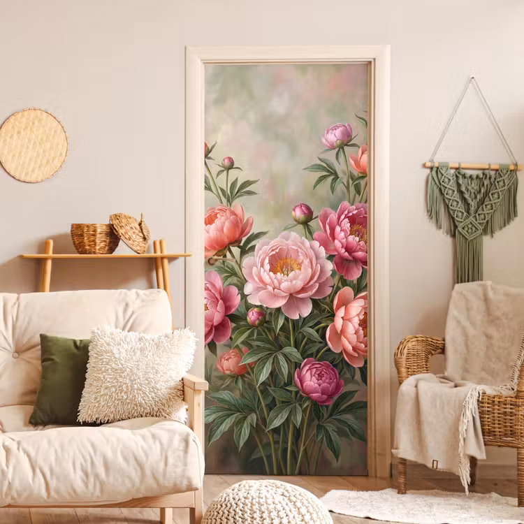 Bloemen - Roze - Klassiek - Gedetailleerd - Natuur deurposter klein -sfeer2