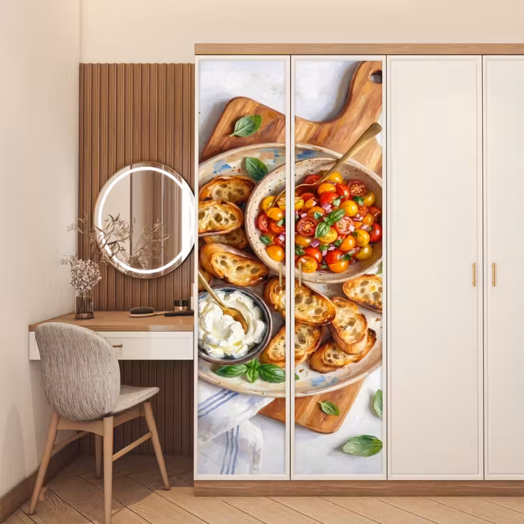 Eten - Tomaat - Brood - Kleurrijk - Keuken deurposter klein -sfeer3