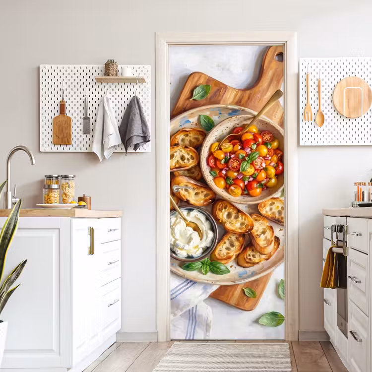 Eten - Tomaat - Brood - Kleurrijk - Keuken deurposter klein -sfeer5