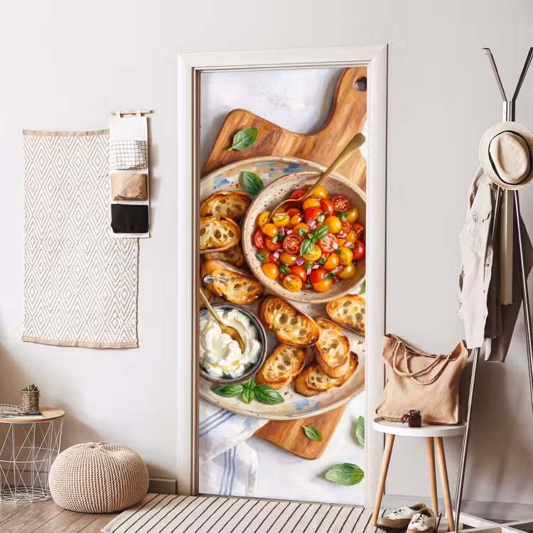 Eten - Tomaat - Brood - Kleurrijk - Keuken deurposter klein -sfeer6
