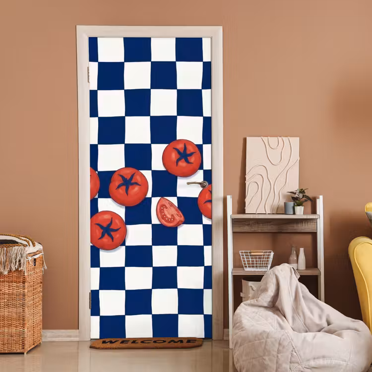 Eten - Tomaten - Keuken - Illustratie - Rood-Blauw deurposter klein -sfeer1