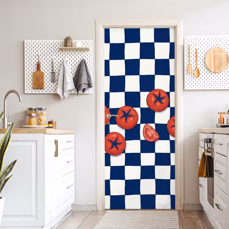 Eten - Tomaten - Keuken - Illustratie - Rood-Blauw deurposter klein -sfeer5