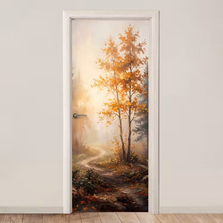 Bospad - Herfstbladeren - Natuur - Schilderachtig - Oranje deurposter klein -3d_beige
