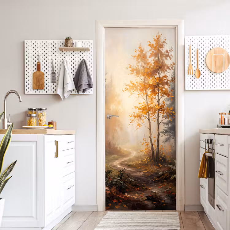 Bospad - Herfstbladeren - Natuur - Schilderachtig - Oranje deurposter klein -sfeer5