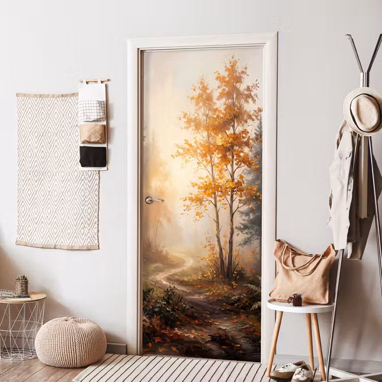 Bospad - Herfstbladeren - Natuur - Schilderachtig - Oranje deurposter klein -sfeer6