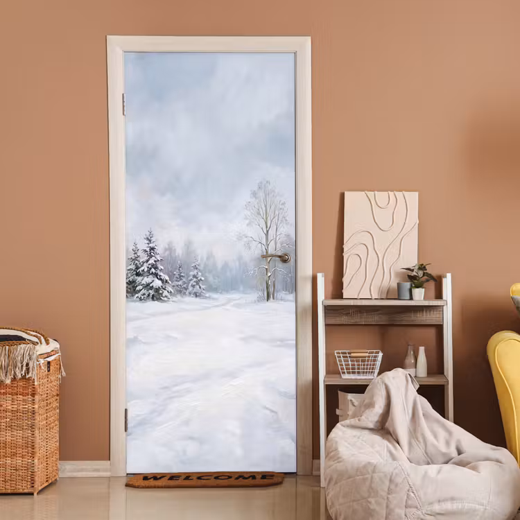 Bospad - Dennen - Sneeuw - Winter - Rustgevend deurposter klein -sfeer1
