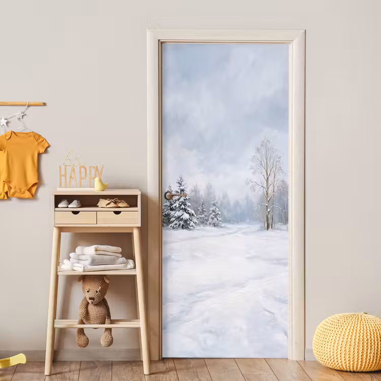 Bospad - Dennen - Sneeuw - Winter - Rustgevend deurposter klein -sfeer4