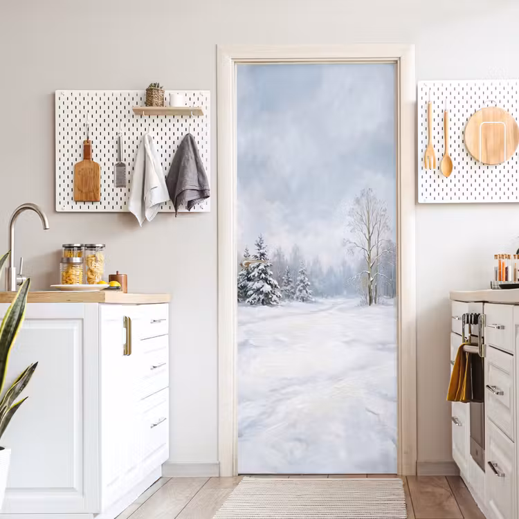 Bospad - Dennen - Sneeuw - Winter - Rustgevend deurposter klein -sfeer5