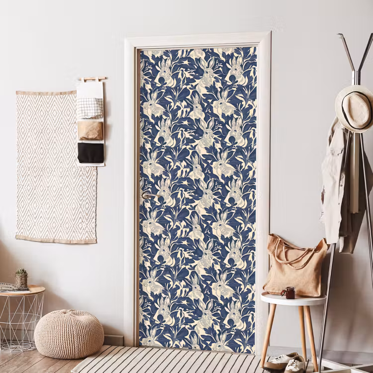 Hazen - Bladeren - Patroon - Blauw - Beige deurposter klein 289 -sfeer6
