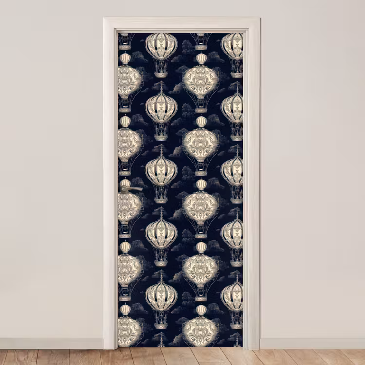 Luchtballonnen - Wolken - Patroon - Donkerblauw deurposter klein 289 -3d_beige