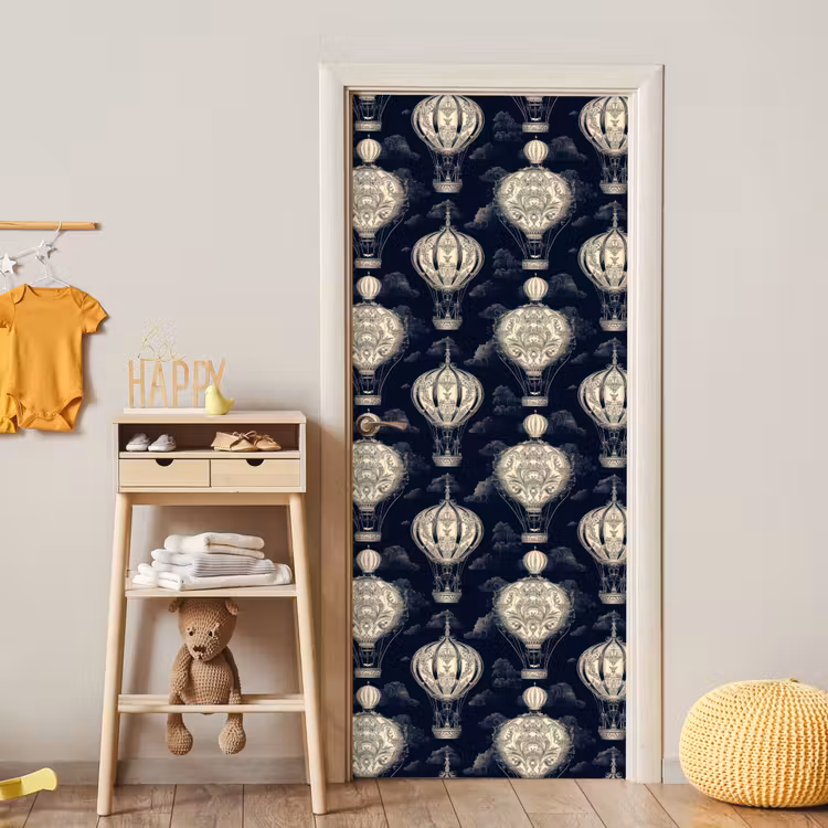 Luchtballonnen - Wolken - Patroon - Donkerblauw deurposter klein 289 -sfeer4