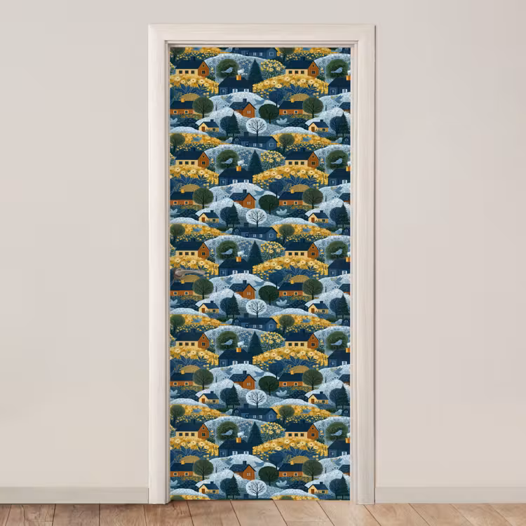 Huisjes - Bloemen - Patroon - Geel - Blauw deurposter klein 289 -3d_beige