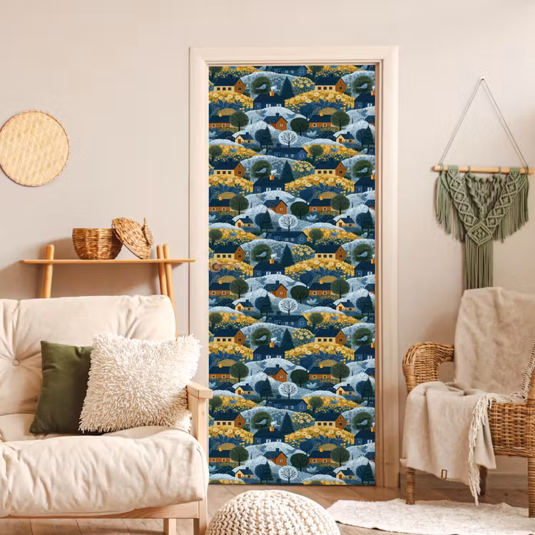 Huisjes - Bloemen - Patroon - Geel - Blauw deurposter klein 289 -sfeer2