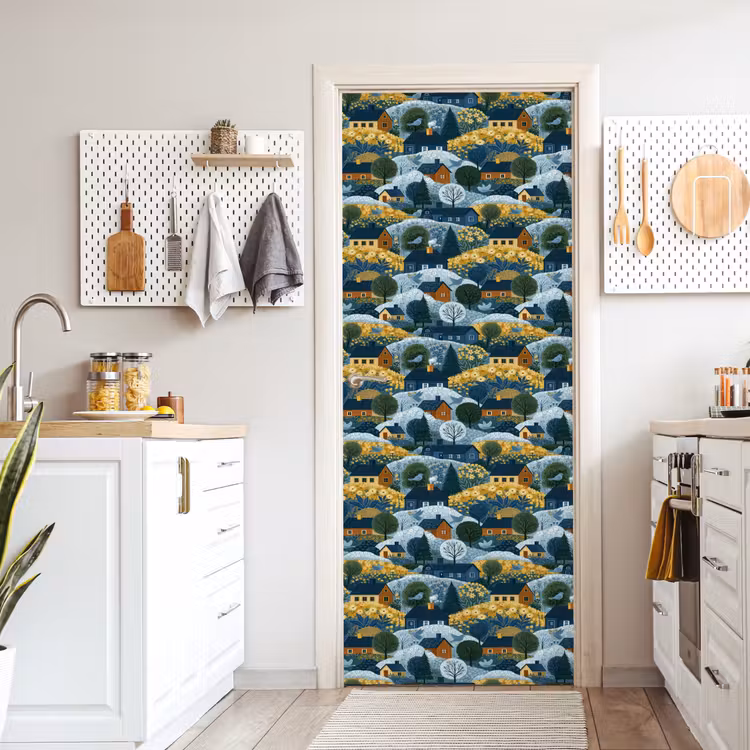 Huisjes - Bloemen - Patroon - Geel - Blauw deurposter klein 289 -sfeer5