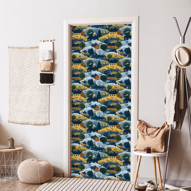 Huisjes - Bloemen - Patroon - Geel - Blauw deurposter klein 289 -sfeer6