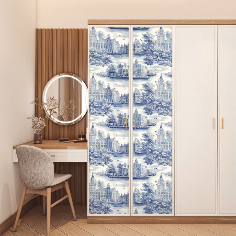 Huizen - Bomen - Water - Vogels - Blauw deurposter klein 289 -sfeer3