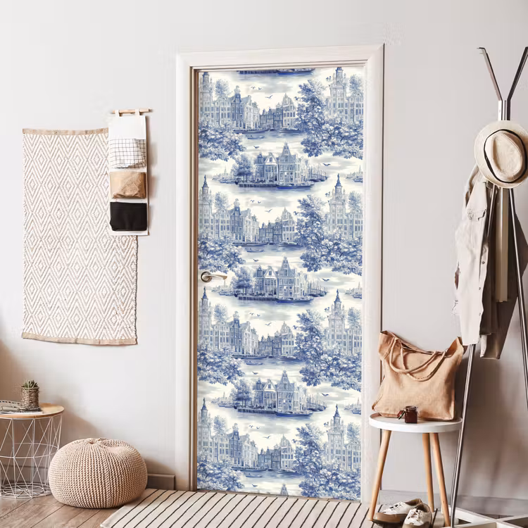 Huizen - Bomen - Water - Vogels - Blauw deurposter klein 289 -sfeer6