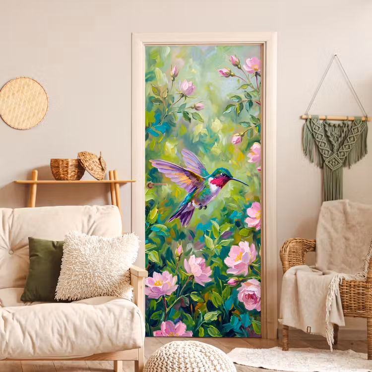 Kolibrie - Bloemen - Natuur - Kleurrijk deurposter klein -sfeer2