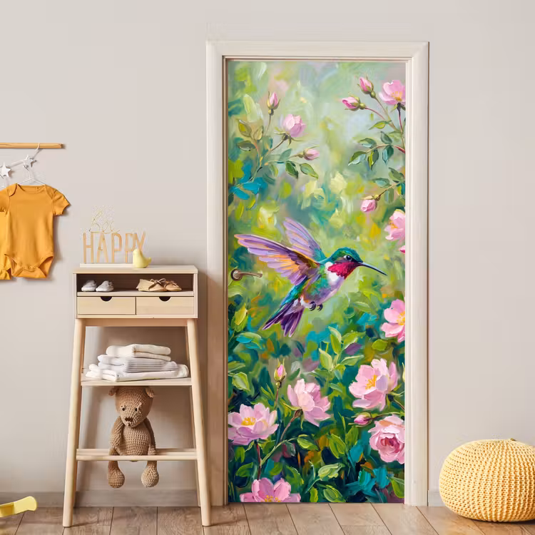 Kolibrie - Bloemen - Natuur - Kleurrijk deurposter klein -sfeer4