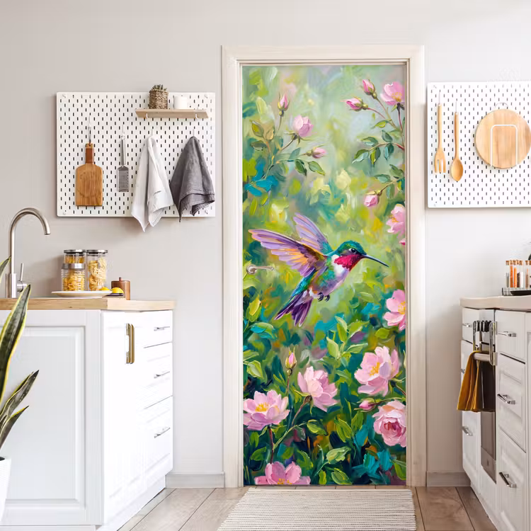 Kolibrie - Bloemen - Natuur - Kleurrijk deurposter klein -sfeer5