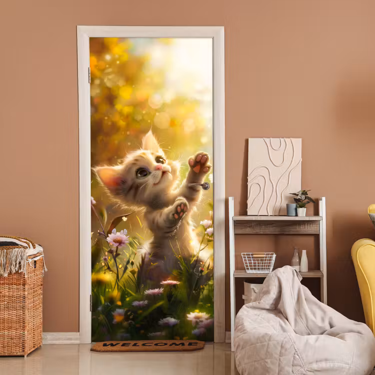 Kitten - Dier - Natuur - Bloemen deurposter klein -sfeer1