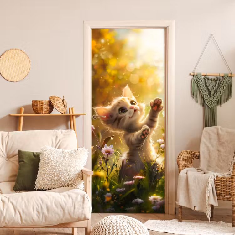 Kitten - Dier - Natuur - Bloemen deurposter klein -sfeer2