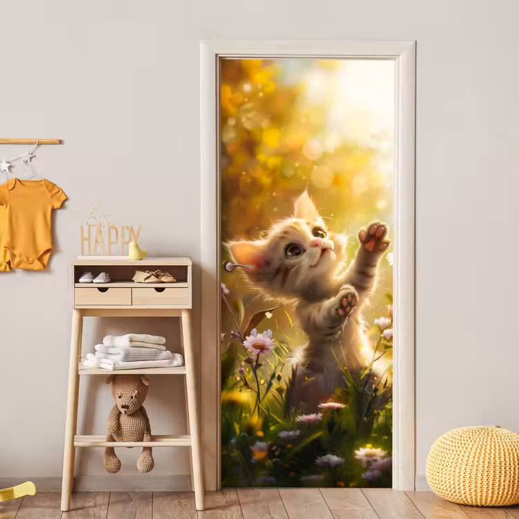 Kitten - Dier - Natuur - Bloemen deurposter klein -sfeer4