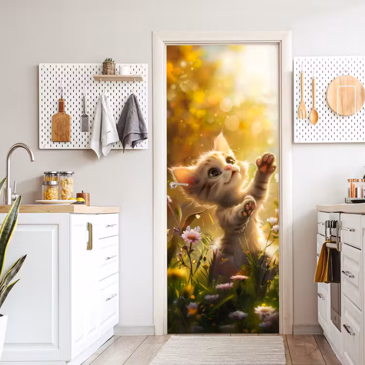 Kitten - Dier - Natuur - Bloemen deurposter klein -sfeer5