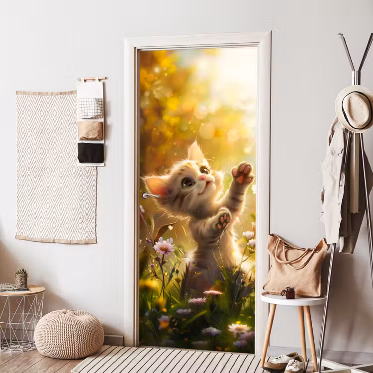 Kitten - Dier - Natuur - Bloemen deurposter klein -sfeer6