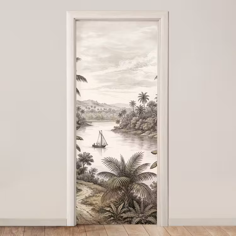 Landschap - Rivier - Boot - Tropisch - Vintage deurposter klein -3d_beige