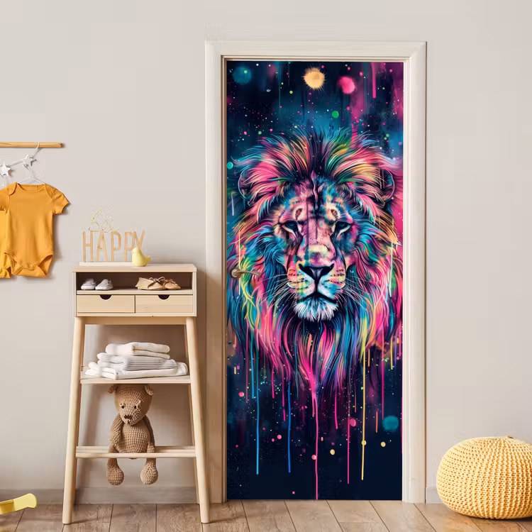 Leeuw - Verf - Kleurrijk - Zwart - Dieren deurposter klein -sfeer4