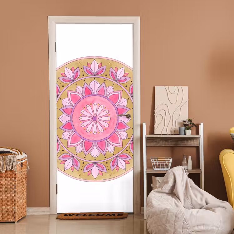 Mandala - Patroon - Kunst - Aquarel - Roze deurposter klein -sfeer1