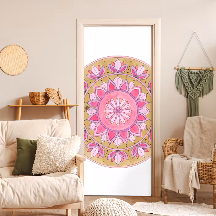 Mandala - Patroon - Kunst - Aquarel - Roze deurposter klein -sfeer2