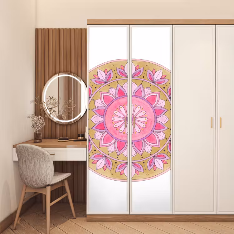 Mandala - Patroon - Kunst - Aquarel - Roze deurposter klein -sfeer3