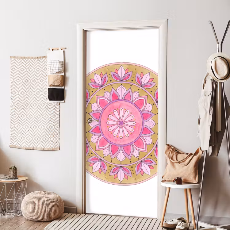 Mandala - Patroon - Kunst - Aquarel - Roze deurposter klein -sfeer6