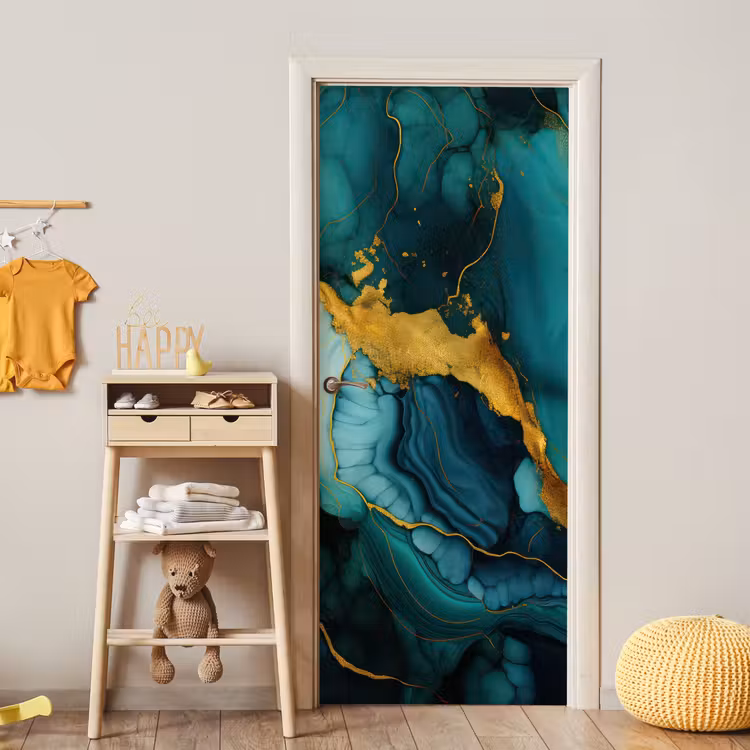 Marmer - Goud - Blauw groen - Abstract - Turquoise deurposter klein -sfeer4