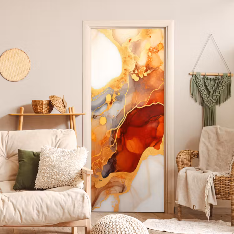 Marmer - Oranje - Goud - Modern - Abstract deurposter klein -sfeer2