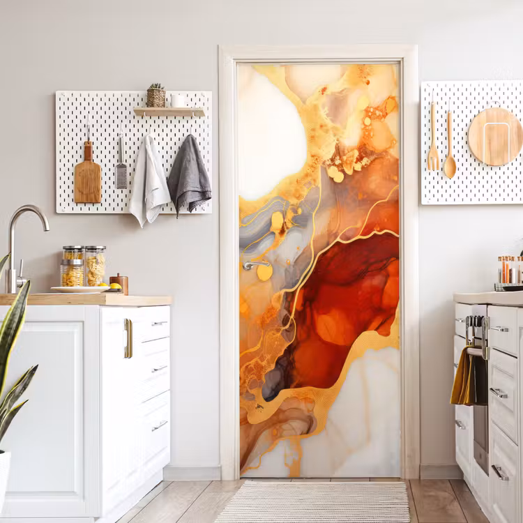 Marmer - Oranje - Goud - Modern - Abstract deurposter klein -sfeer5