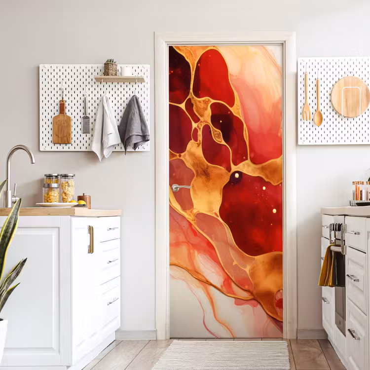 Marmer - Rood - Goud - Modern - Abstract deurposter klein -sfeer5