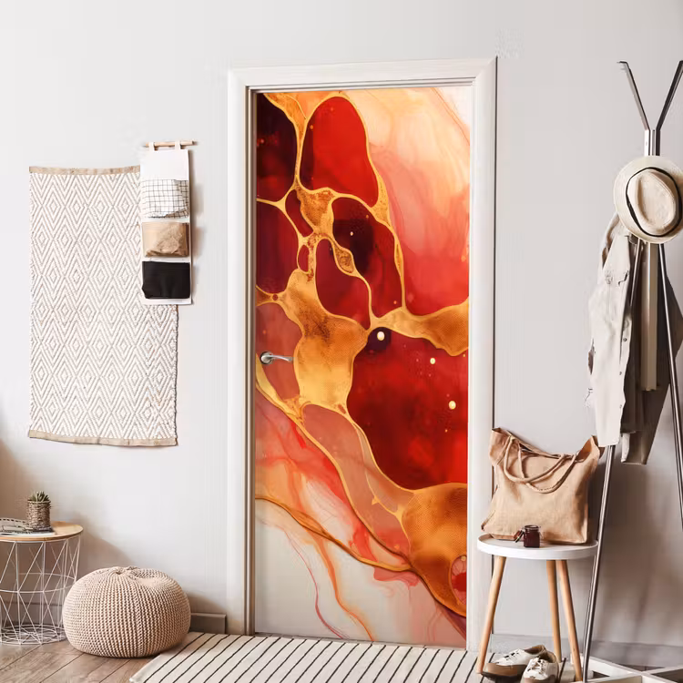 Marmer - Rood - Goud - Modern - Abstract deurposter klein -sfeer6