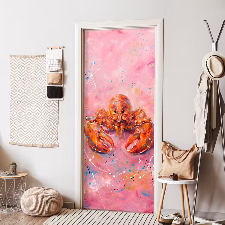 Zeeleven - Kreeft - Spatters - Abstract - Roze deurposter klein -sfeer6