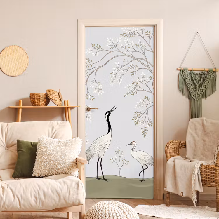 Minimalistisch - Kraanvogels - Blauw deurposter klein -sfeer2