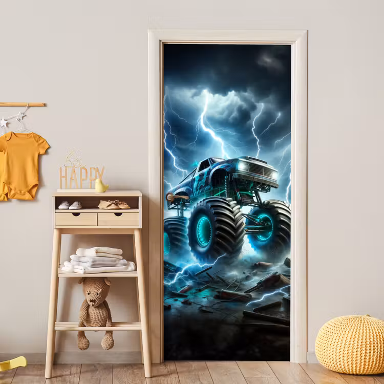 Monstertruck - Bliksem - Blauw - Jongens - Auto deurposter klein -sfeer4